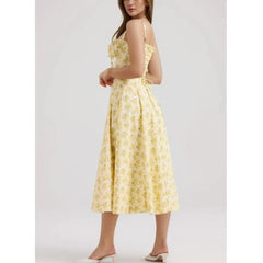 Floral Tie-Up Frill Midi Dress  Yellow Side View