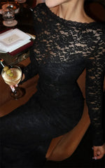 Black Lace Sheer Long Sleeve Ruched Maxi Dress