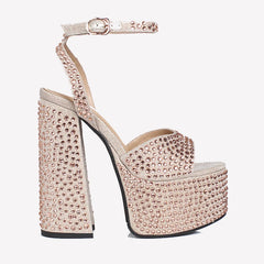 Champagne crystal embellished platform high heel sandals