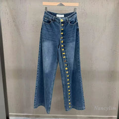Medium wash denim patchwork button wide leg pants