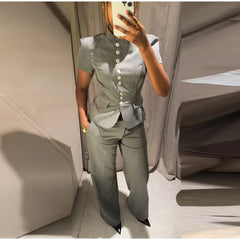 Short sleeve mandarin collar pinstripe fitted blazer and wide leg pants two-piece set