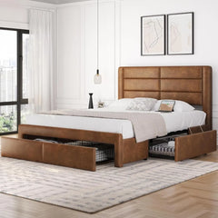 Brown upholstered bed with storage drawers in a modern bedroom.
