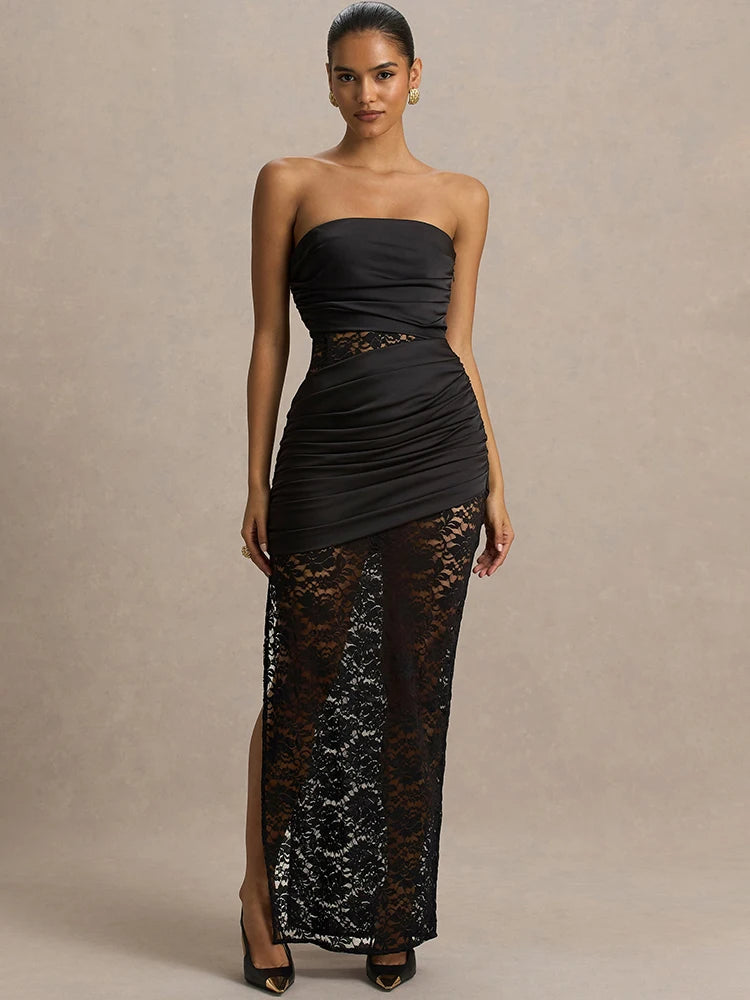 Black strapless ruched lace maxi dress with high slit