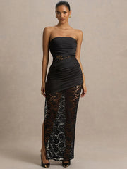 Black strapless ruched lace maxi dress with high slit