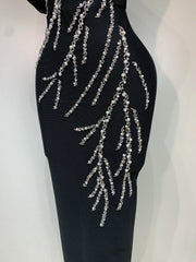 One Shoulder Diagonal Collar Beaded Long Dress