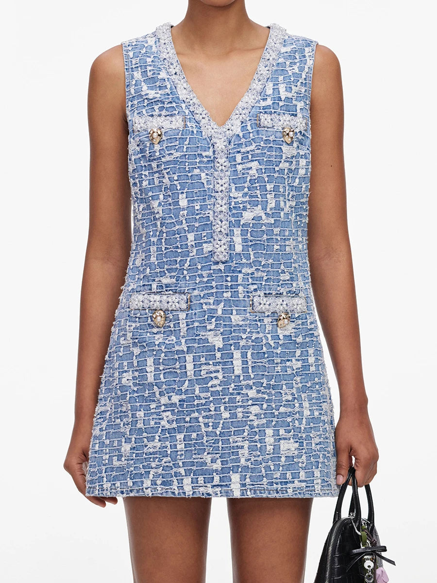 Denim tweed V-neck sleeveless mini dress