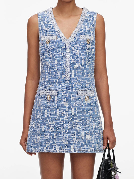 Denim tweed V-neck sleeveless mini dress