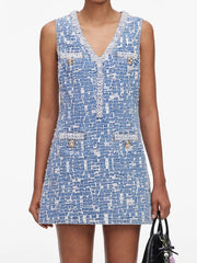 Denim tweed V-neck sleeveless mini dress