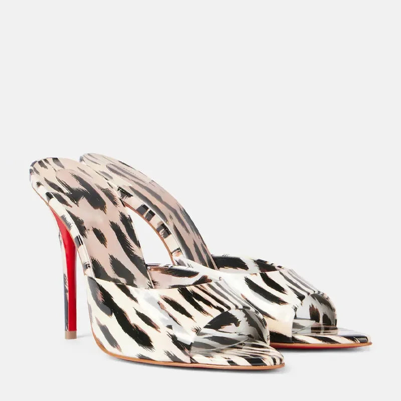 Leopard print pointed high heel mule with stiletto heel