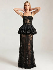 Back view of a black lace corset top and sheath skirt set with spaghetti straps and a flounce detail.