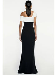 Open Shoulder Patchwork Black White Maxi Dress