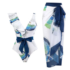 Tie-Strap V-Neck One-Piece Swimsuit with Matching Sarong Set