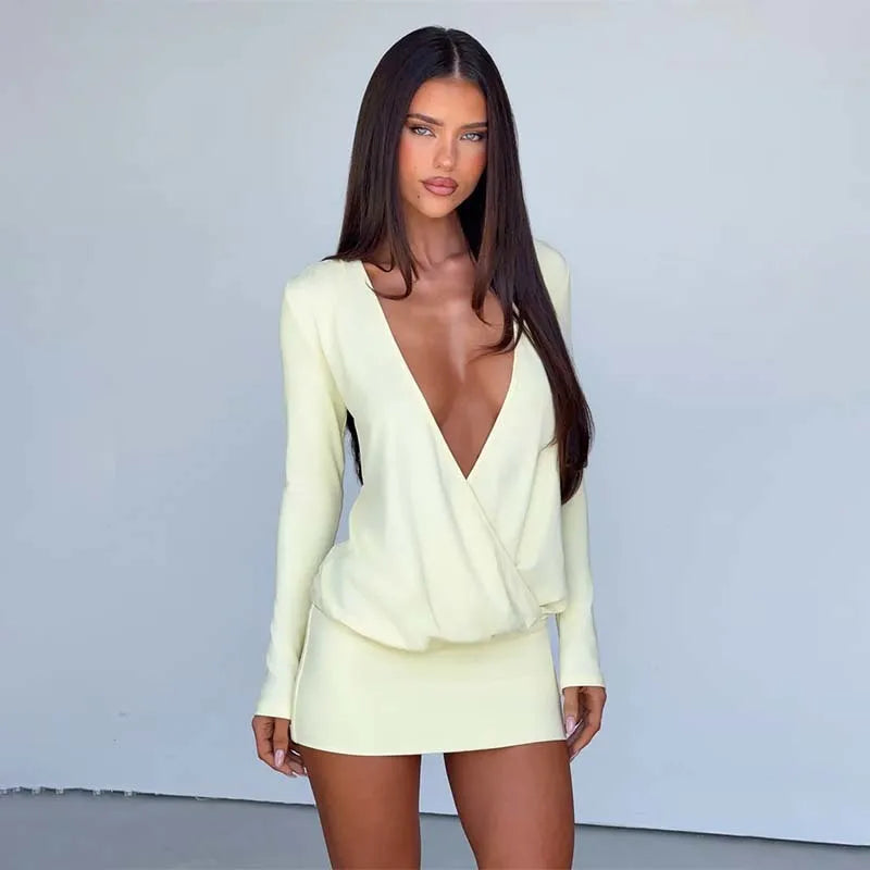 Deep v-neck long sleeve mini dress
