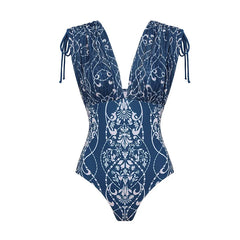 Blue Architectural Print Two-Piece Swimwear Set