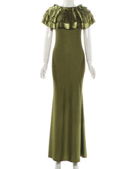 Tiered Shawl Neck Olive Green Maxi Dress