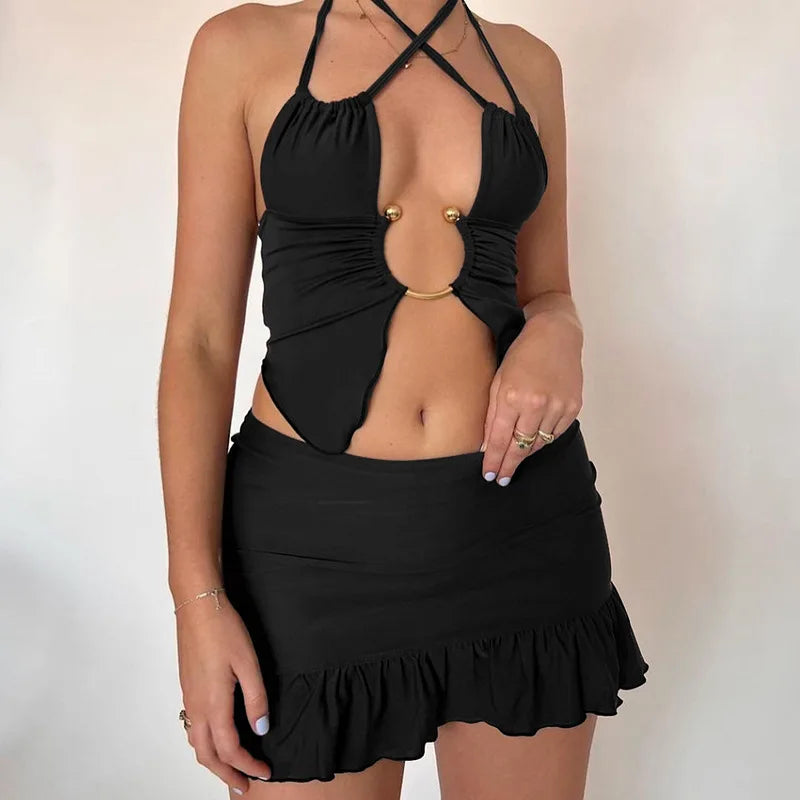 Metal Ring Detail Hollow Lace Up Halter Camisole Top