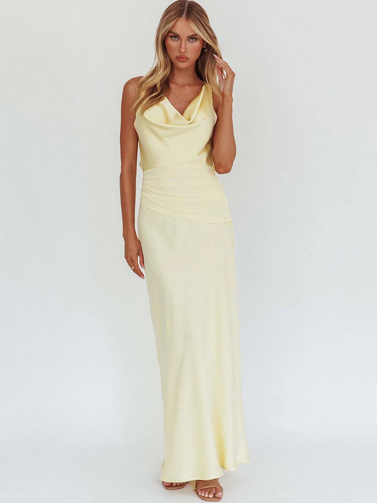 Cowl neck maxi dress with sleeveless design and ruched waist