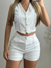 Buttons Sleeveless V-Neck Solid Vest Top & Pocket Shorts Set