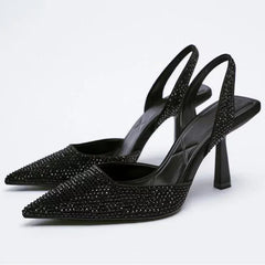 Black crystal slingback pointed toe pumps