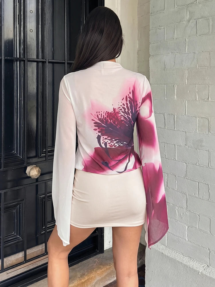 Floral print bell sleeve mini dress back view