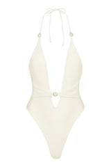 Off-white halter neckline swimwear set with pearl accents