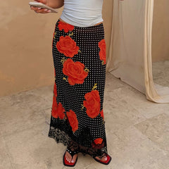 Floral Polka Dot Lace Trim Maxi Skirt