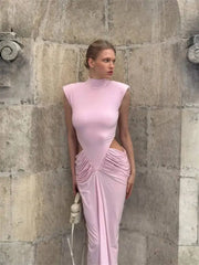 Cutout Ruched Mock Neck Sleeveless Maxi Dress