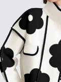 Black Flower Print High-Neck Long Sleeves Buttoned Coat