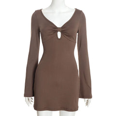 Ribbed V-Neck Cutout Long Sleeve Mini Dress