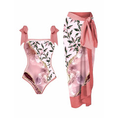 Floral Print Tie-Strap Bikini and Sarong Set