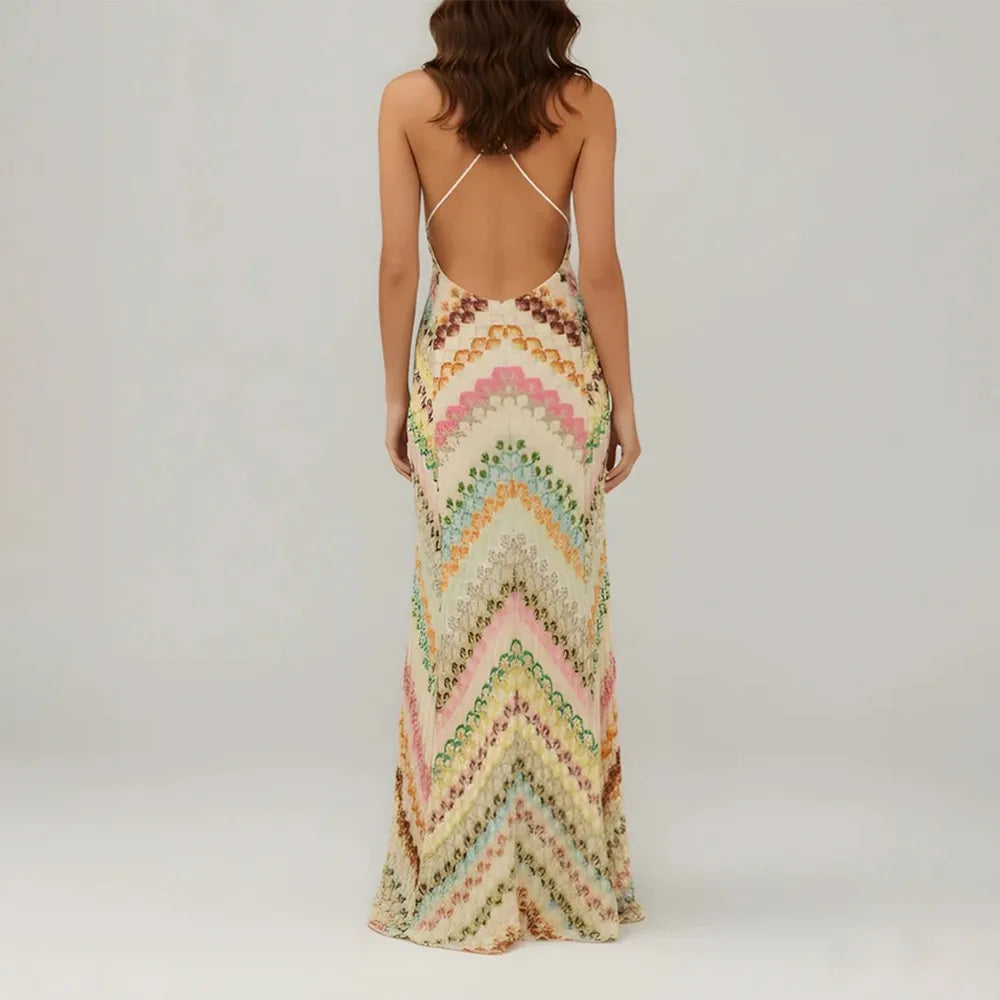 Chevron print v-neck sleeveless maxi dress back view