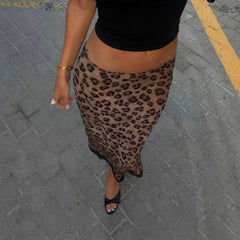 Leopard print lace trim midi skirt