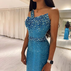 Turquoise Blue Mermaid One Shoulder Evening Dress