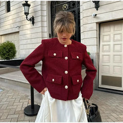 Wine Red O Neck Long Sleeves Loose Jacket