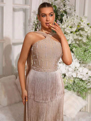 Beaded Halter Neck Fringed Column Dress