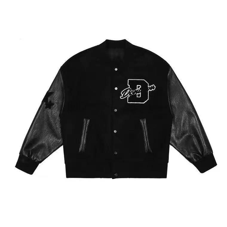 Embroidered Baseball Leather Patchwork Jacket