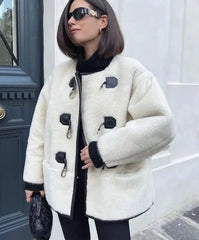 Women Plush Horn Button Thick Jacket