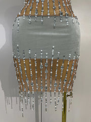 Silver Rhinestone Pearl Chain Mesh Mini Dress