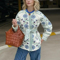 White Quilted Blue Flower Print  Jacket