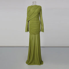 Draped Long Sleeve Mesh Maxi Dress