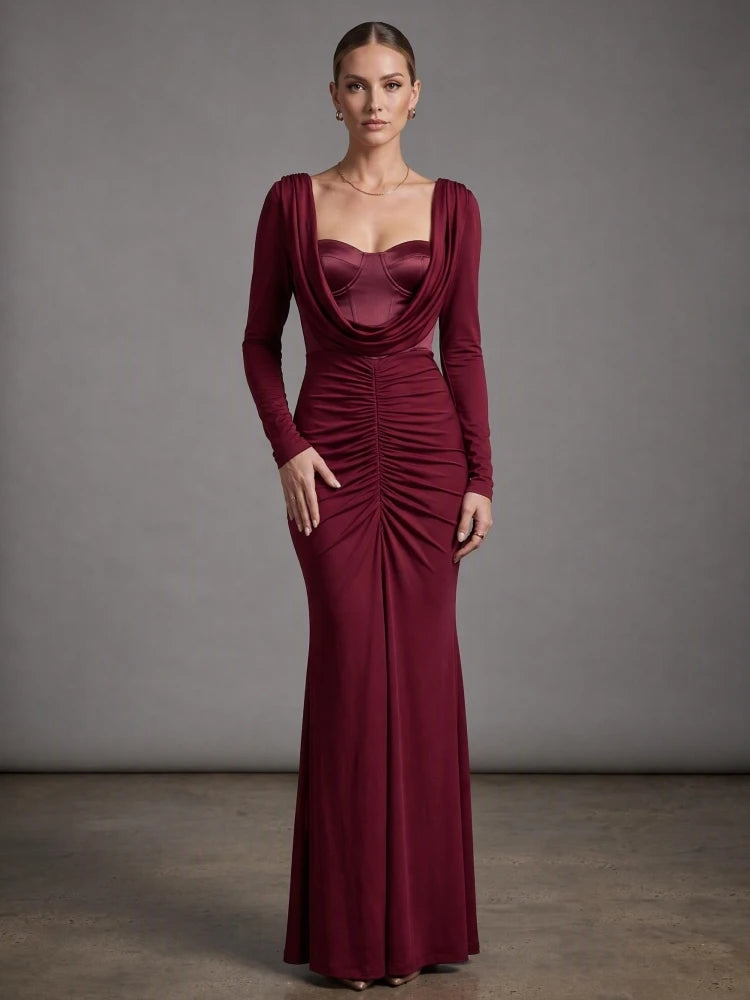 Back view of burgundy draped collar ruched gown dress.