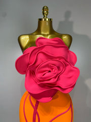 Close-up of floral applique on strapless sheath dress