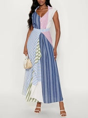 Patchwork stripe v-neck maxi dress front view
