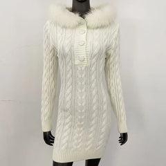 women’s ribbed knit winter dress with fur hood