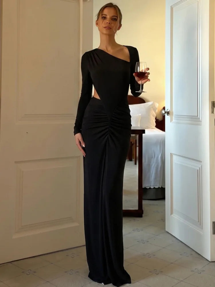 Asymmetrical one-shoulder maxi dress with long sleeves and ruched waist detail