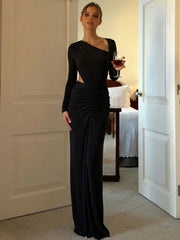 Asymmetrical one-shoulder maxi dress with long sleeves and ruched waist detail