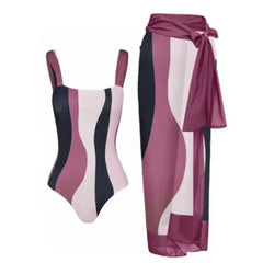 Tie-Strap V-Neck One-Piece Swimsuit with Matching Sarong Set
