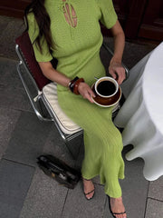 Knitted Short Sleeve Ruffle Maxi Dress