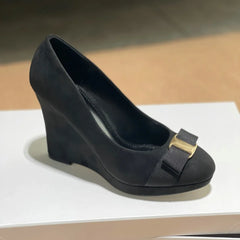 Black suede bow platform wedge pump