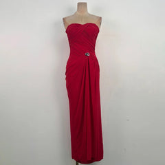 Red Strapless Draped Ruched Gown